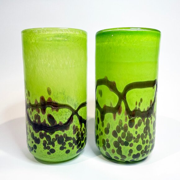 Vintage Pier 1 Grand Verre Lime Green w/ Copper Blown Glass Tall Tumblers - Picture 1 of 6